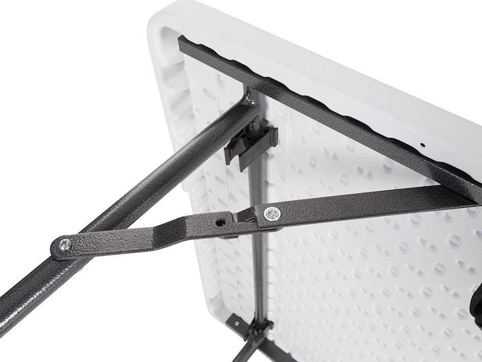 A white folding table with black metal legs and hinges that can be folded into a compact position.