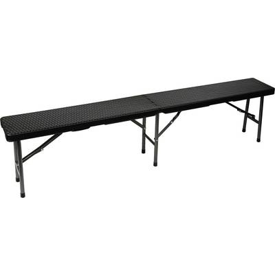 Black folding bench with metal legs, fully extended. Ideal for additional seating at outdoor events.