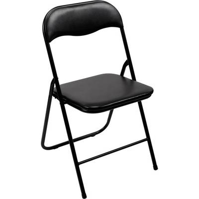 A black, folding metal chair with a padded seat and backrest is shown.