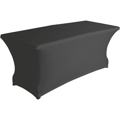 A rectangular table with a black stretch cover that completely conceals the table legs. Suitable for conferences or events.