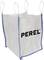 A large, white big bag with blue stitching and four handles, printed with 'PEREL'.