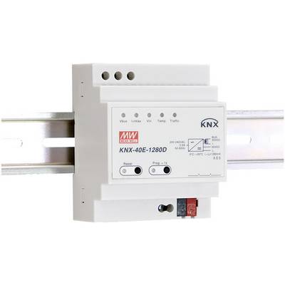 'KNX component mounted on a DIN rail, showing brand logo, model number KNX-40E-1280D and connections for reset, bus, voltage and transmission.'