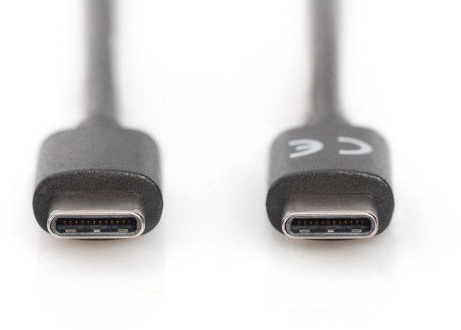 Two USB-C plugs are lying side by side on a white background.