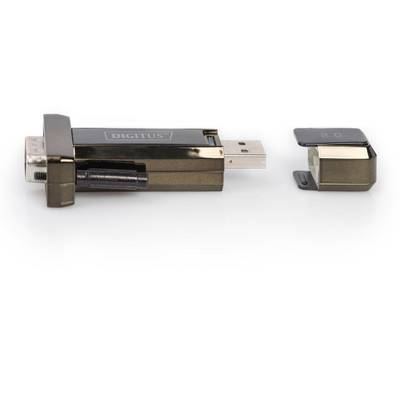 USB memory stick with removed cover, text 'DIGITUS' displayed on it. Device shows connections and has a metallic finish.
