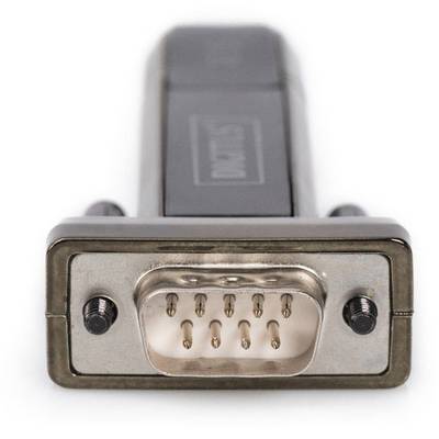 Close-up of a nine-pin D-sub connector with a rectangular metal frame and visible pins, typically used for serial connections.