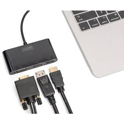 An adapter with various ports (HDMI, VGA, USB) is connected to a laptop.
