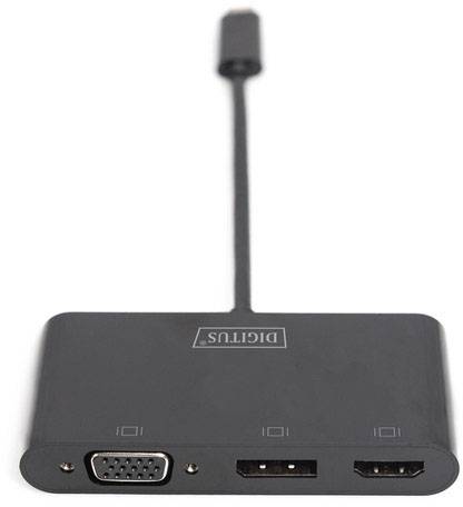 External adapter with three ports: VGA, HDMI and DVI, for connecting different screens to a device.