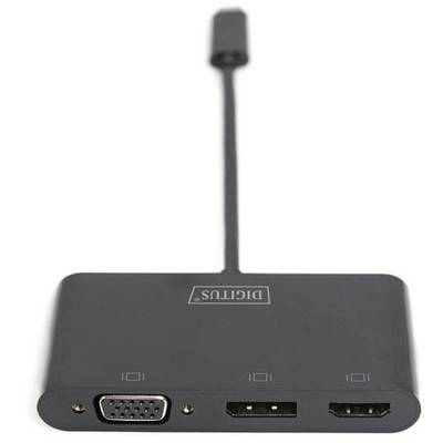 External adapter with three ports: VGA, HDMI and DVI, for connecting different screens to a device.