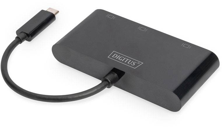 A black USB-C adapter with three HDMI ports and the inscription 'DIGITUS'.