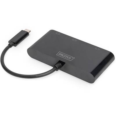 A black USB-C adapter with three HDMI ports and the inscription 'DIGITUS'.