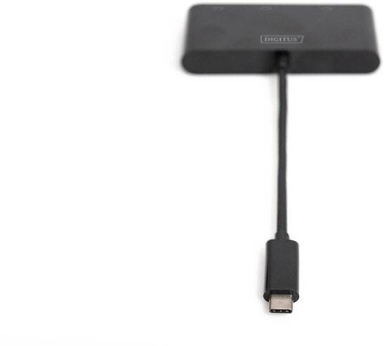 A black USB hub with a USB-C cable, suitable for connecting to laptops or tablets to expand USB ports.