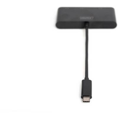 A black USB hub with a USB-C cable, suitable for connecting to laptops or tablets to expand USB ports.