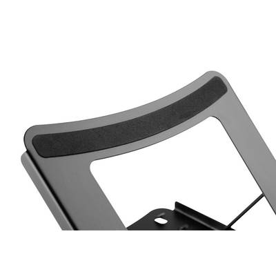 Black metal stand with curved bracket and foam padding at the top. Suitable for stabilising or supporting devices.