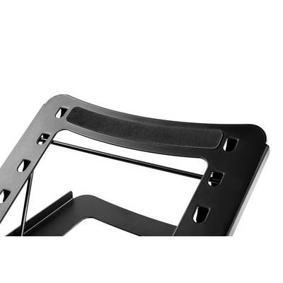 Metal laptop stand with ventilation slots and adjustable angle in close-up, for ergonomic use.