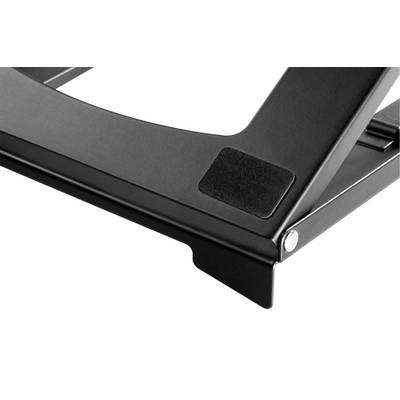 Black metal stand with padded feet, providing stable support for laptops or tablets.