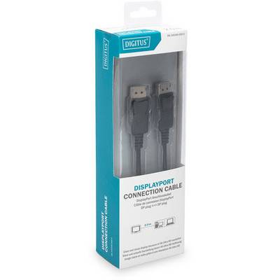 DisplayPort Connection Cable in packaging. Shows two DisplayPort connectors. Packaging describes application for monitors or projectors.