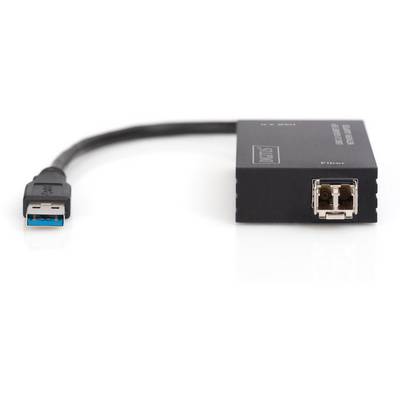 A USB 3.0 adaptor cable connected to a black enclosure. The enclosure has a fibre optic connection.