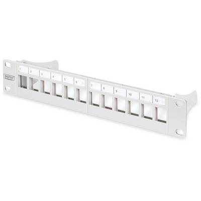A 12-way patch panel for network cabling with numbered ports from 1 to 12. It is suitable for mounting in a server cabinet.