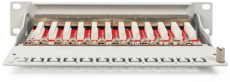 Network patch panel with twelve ports, open front, showing embedded electronics with red circuit boards.