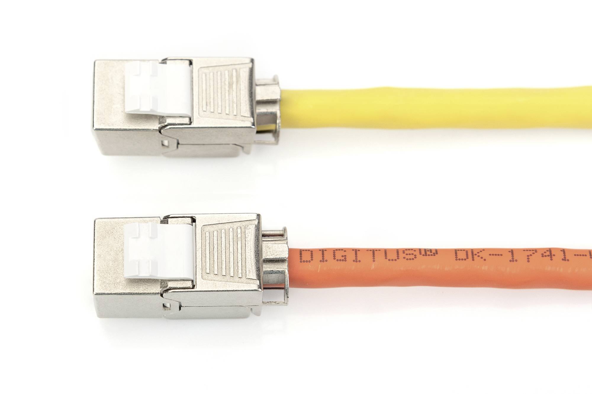 Two network cables with metal connectors, one yellow, the other orange, labelled 'DIGITUS DK-1741'. Section of a cable.