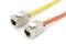 Two Ethernet plugs, one with a yellow cable and one with an orange cable, on a white background.