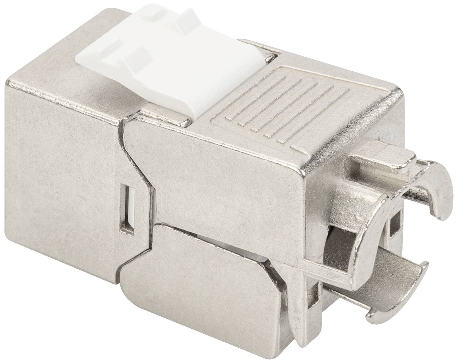 A silver Ethernet connector with a plastic clip, suitable for network cabling in IT or telecommunications applications.