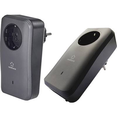 Two black radio-controlled sockets by Renkforce, European plug, for remote control of electrical devices.