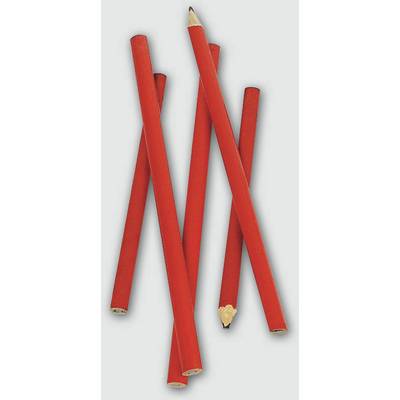 Five red pencils are layered on a light surface, with one sharpened and another having a frayed end.