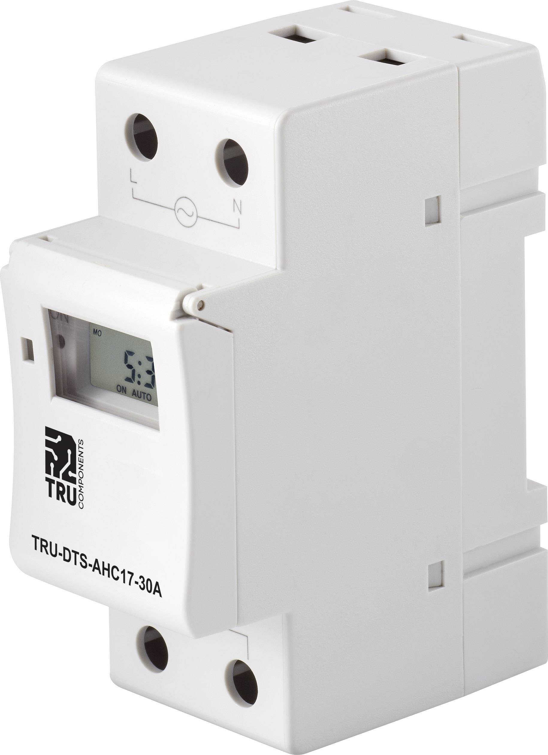 'TRU-DTS-AHC17-30A' Time Switch. Rectangular shape, digital display. N and L connections at the top, automatic time control.