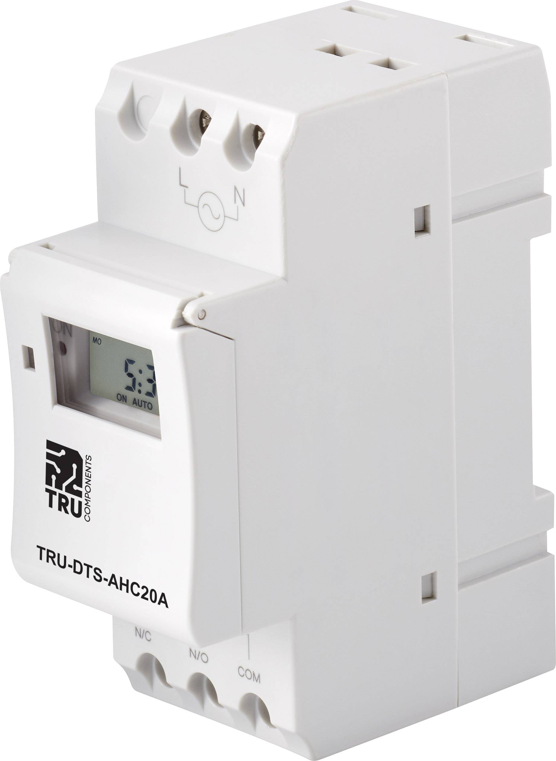 A digital time switch for DIN rail, Model TRU-DTS-AHC20A, displays current time and automatic mode, and has three connections.