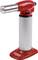 Red kitchen blowtorch with silver-coloured handle, perfect for caramelising crème brûlée and flambéing desserts.