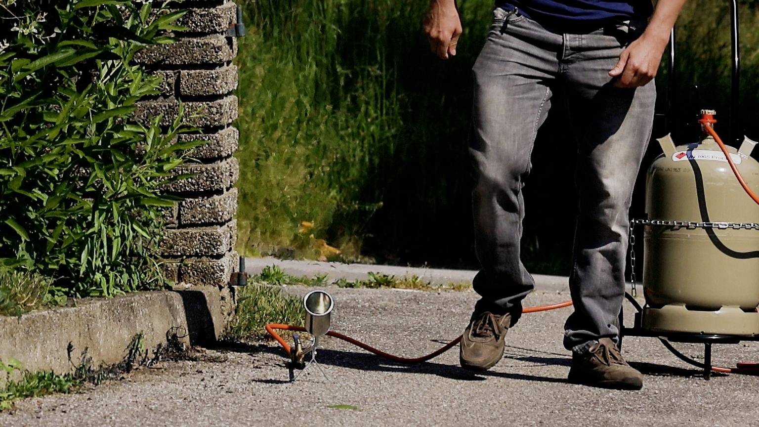 A person is using a weed burner with a gas bottle on a pavement near a hedge and stone wall.