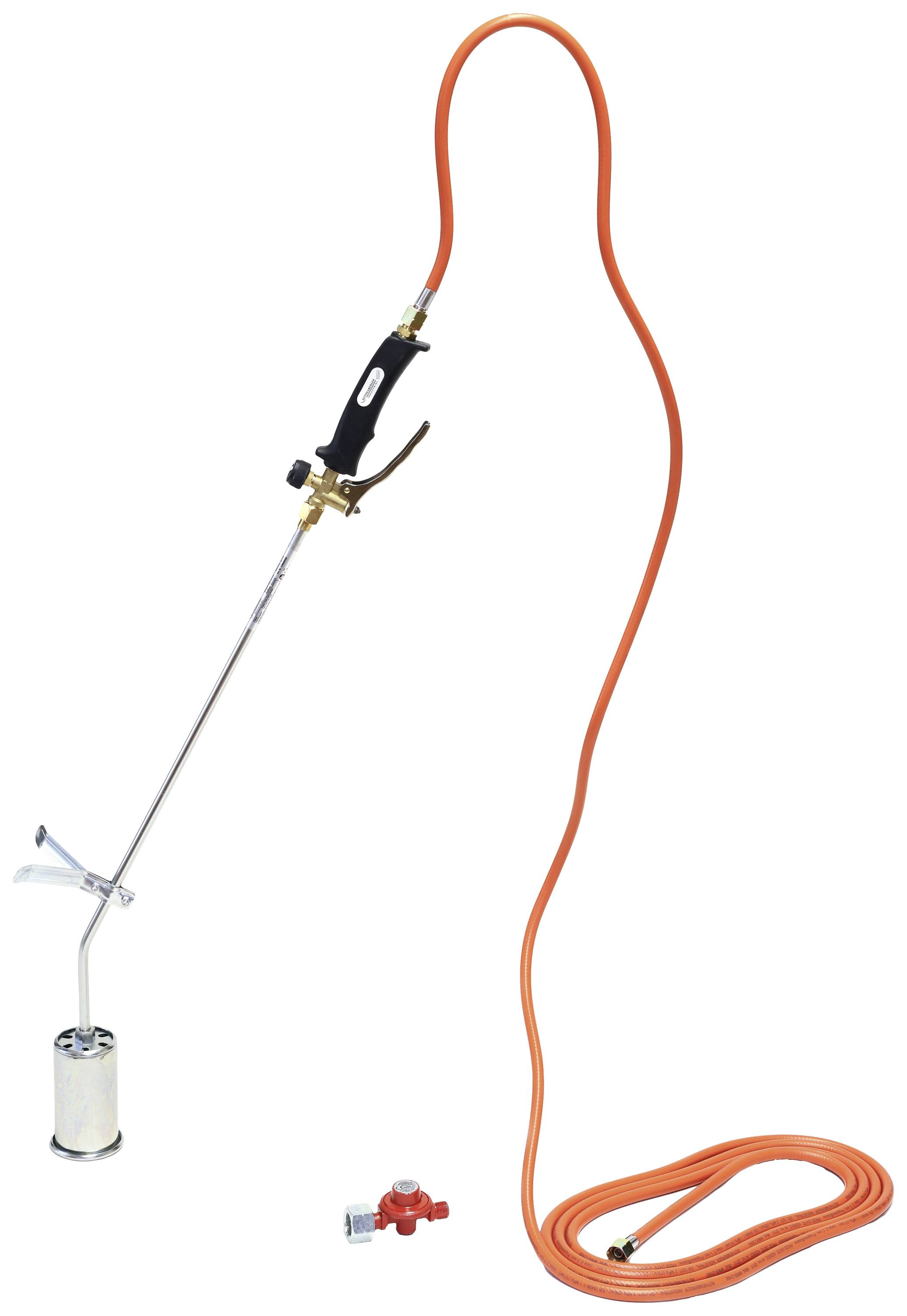 Long weed burner with orange gas hose and black handle, suitable for gardening and weed control.