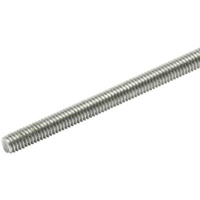 A long, silver threaded rod running diagonally from bottom left to top right. It has continuous, uniform threads.