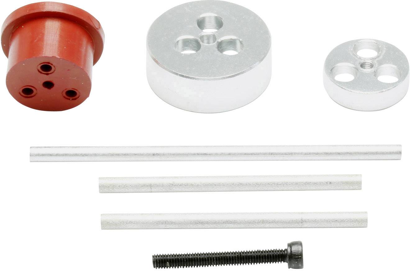 A set of mechanical parts consisting of two aluminium circles, a red plastic piece with holes, three metal rods, and a screw.