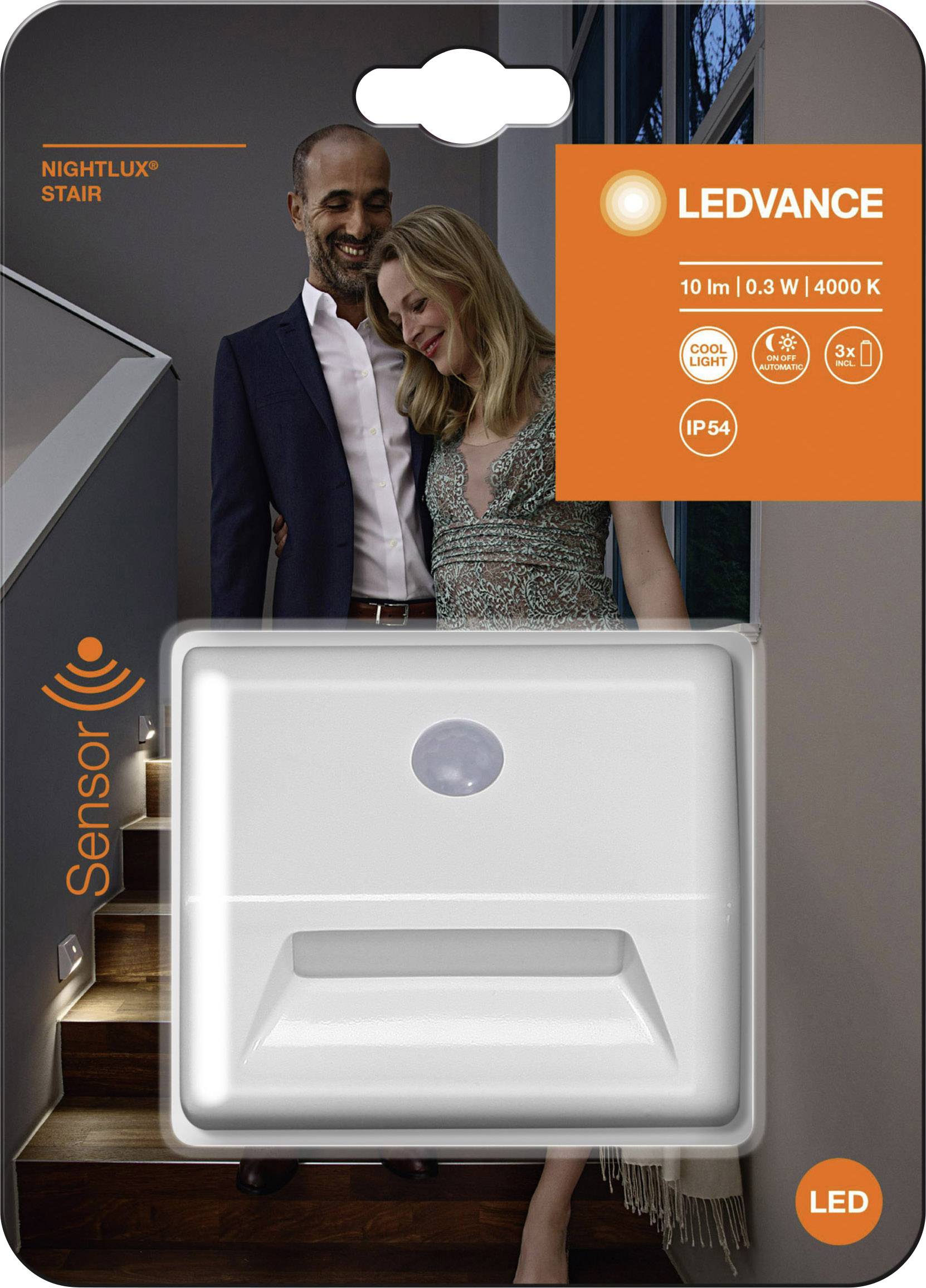 'LEDVANCE Nightlux Stair' Sensor Light: LED Light with Motion Sensor for Stair Lighting, 10 lumens, 0.3 watts, 4000 K, IP54 waterproof.