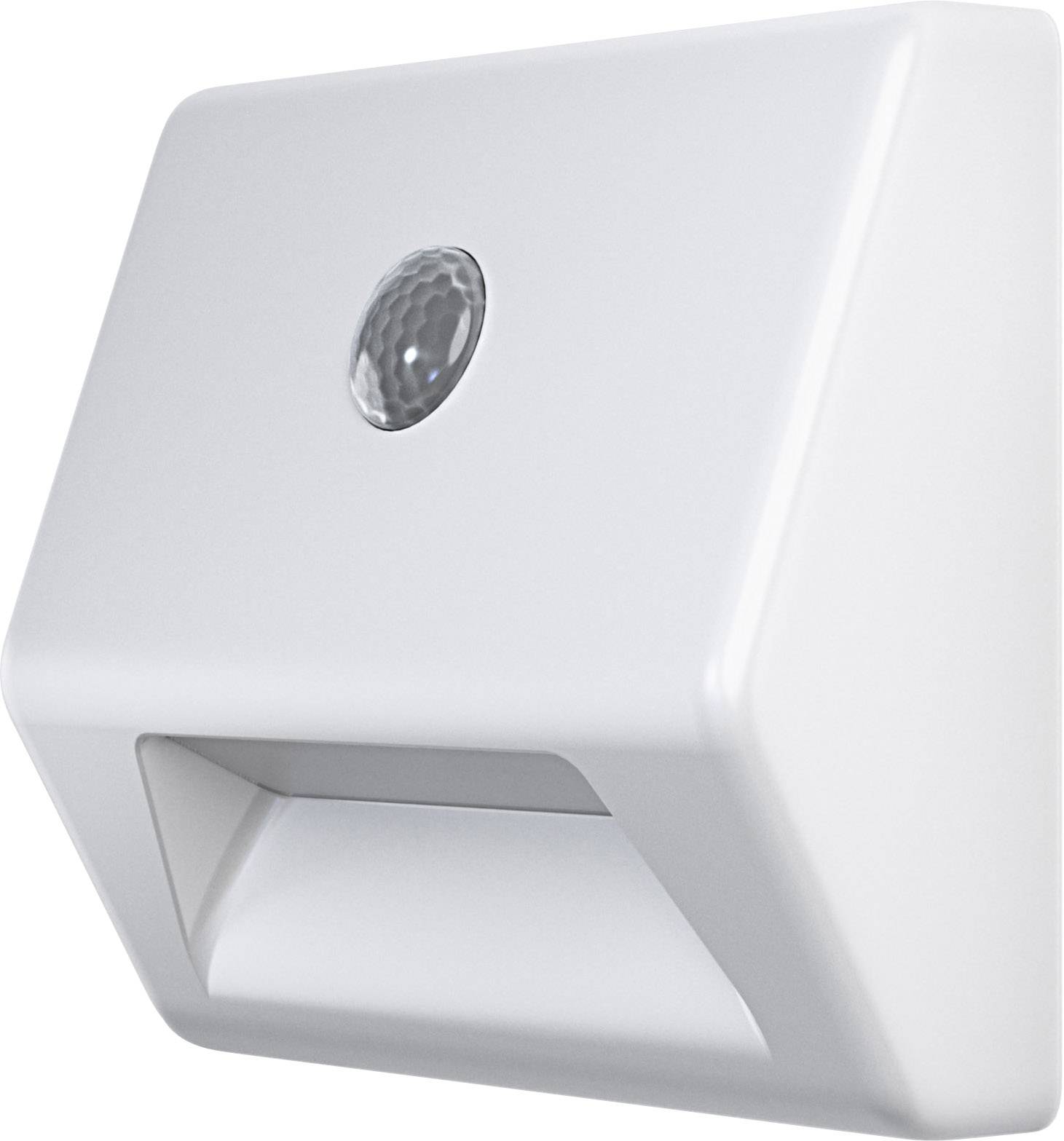 A rectangular, white LED night light with a motion sensor on top, bevelled edges, and an open underside for light diffusion.