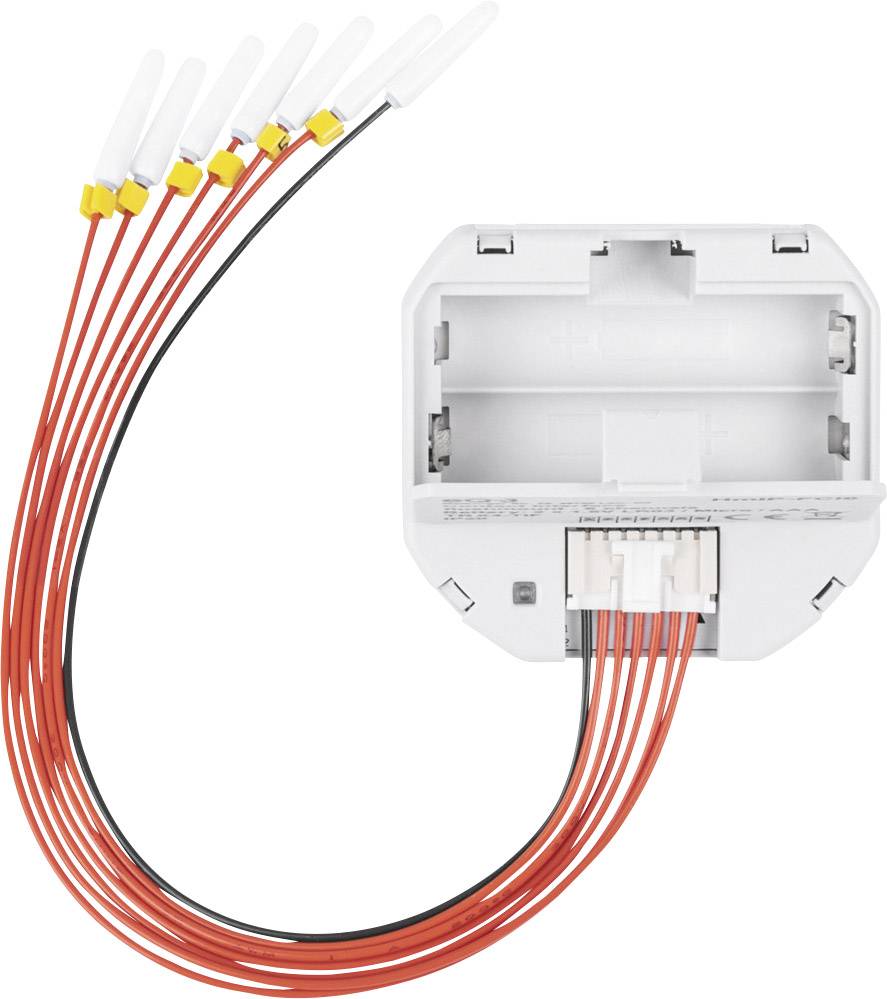 A white distribution box with six red cables emerging from the top left corner. Each cable is terminated with a white cap.