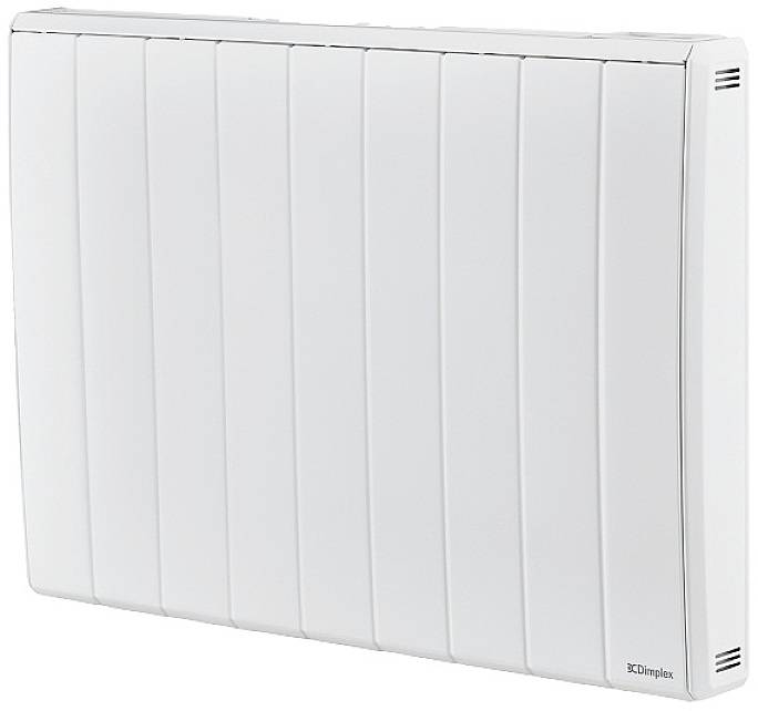 A white electric radiator with vertical fins, suitable for wall mounting in interior spaces. Brand logo in the bottom right corner.