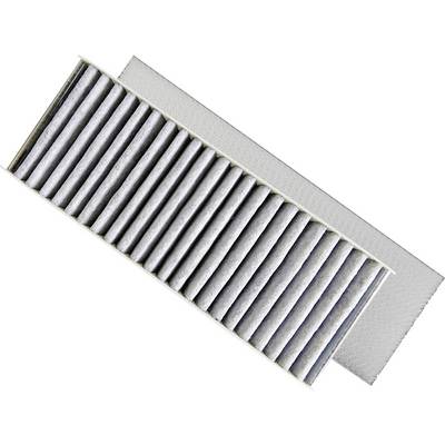 A rectangular air filter with grey, parallel-running fins on a white background.