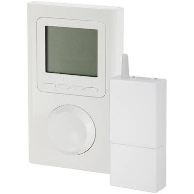 A white electronic device with a large screen and rotary dial, next to a smaller, rectangular device with an aerial.