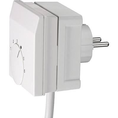 A white socket thermostat with an adjustable controller from 1 to 3, suitable for controlling room temperatures on electrical appliances.