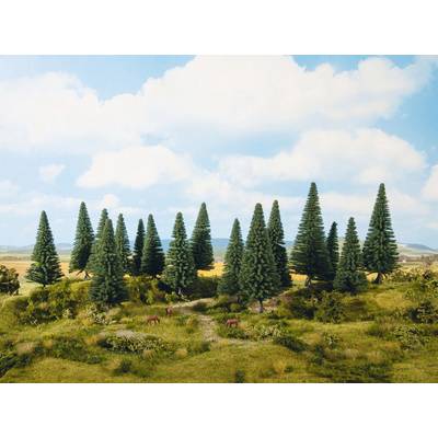 A miniature model depicts a picturesque landscape with tall pine trees on a meadow beneath a blue sky with a few clouds.