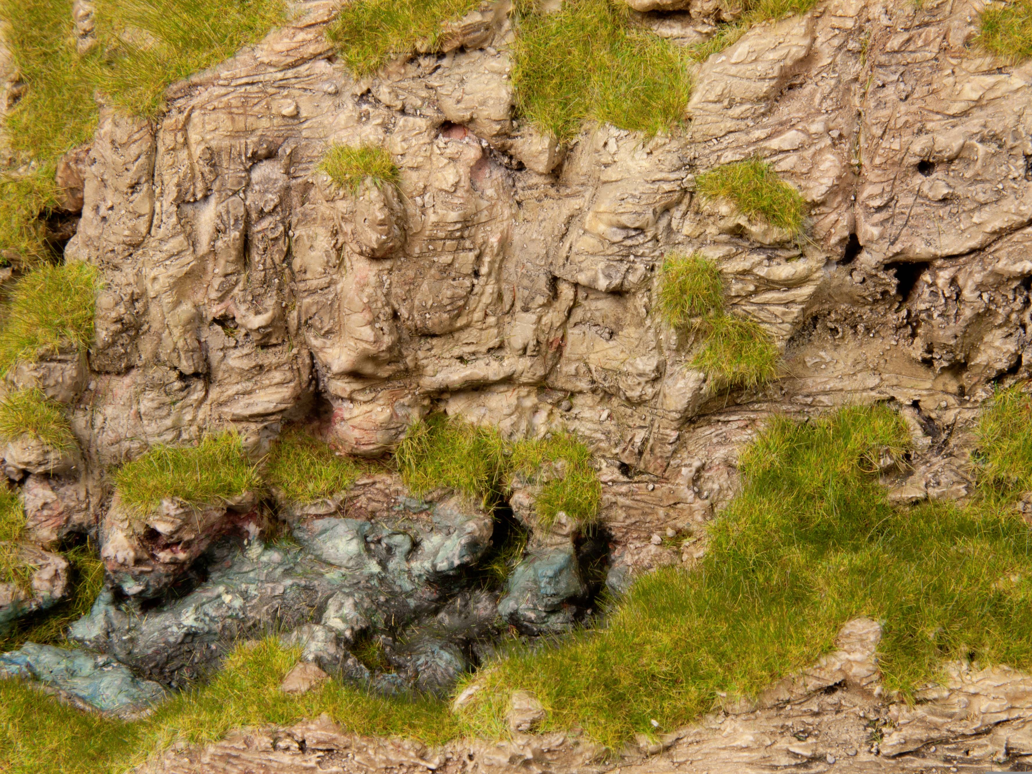 Rocky cliff face with small green moss cushions and mineral deposits in various colours, displaying a natural texture.