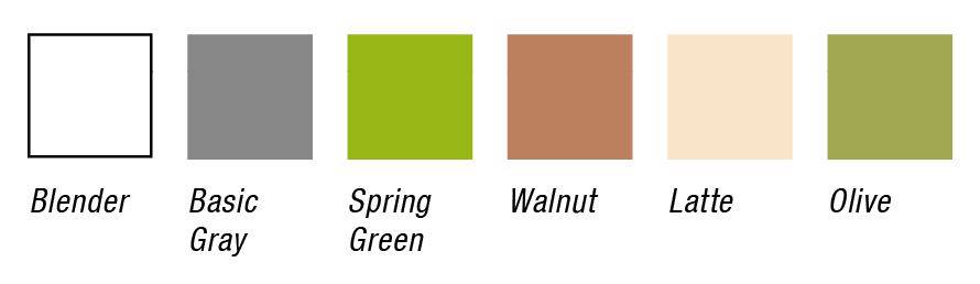 Colour scheme with six colours: 'Blender' (white), 'Basic Gray' (grey), 'Spring Green' (green), 'Walnut' (brown), 'Latte' (beige), 'Olive' (olive green).