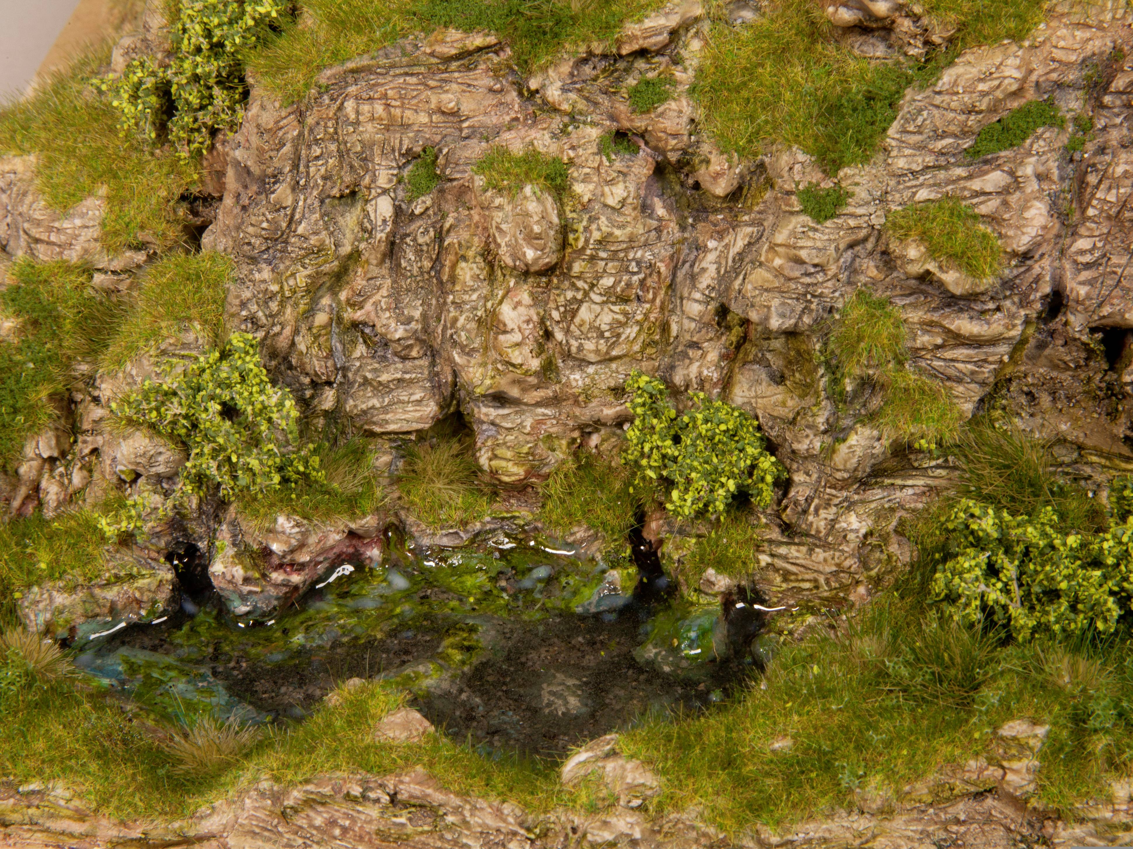 A small pond with clear water, surrounded by rocky walls and lush green vegetation, in a natural, hilly landscape.