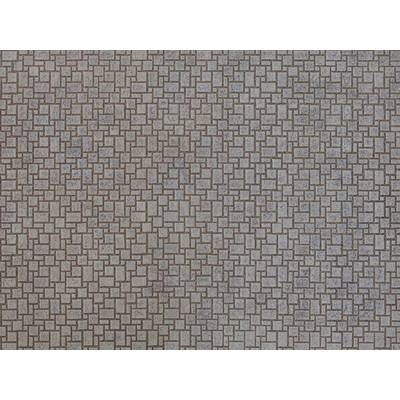 A mosaic floor composed of evenly arranged, rectangular stones in various shades of grey.