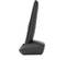 Cordless telephone base station with vertical handset in profile. Device in modern, minimalist design in black.