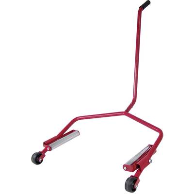 Red motorcycle jack with wheels, suitable for lifting and moving motorcycles for repair and maintenance work.