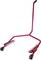 Red motorcycle jack with wheels, suitable for lifting and moving motorcycles for repair and maintenance work.